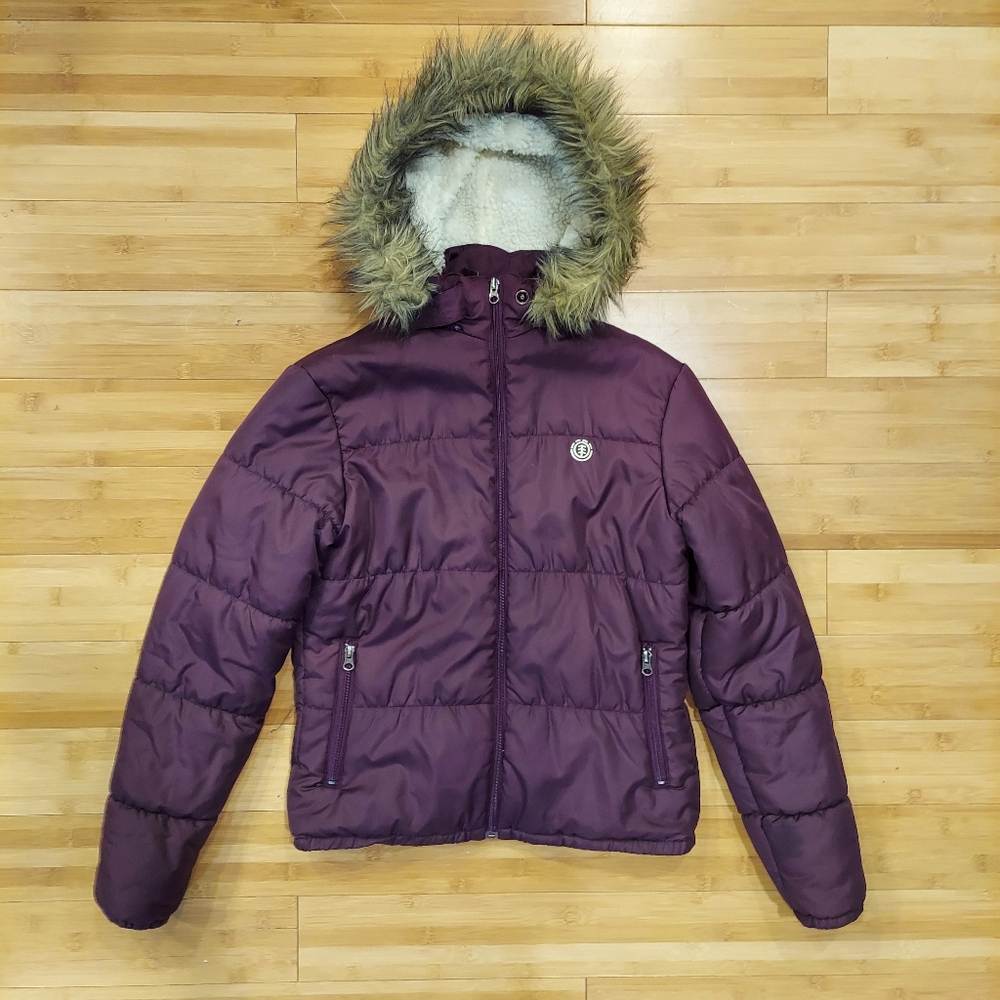 Element Purple Puffer Jacket With Zip-Off Faux Fur Hood Size Small Women's